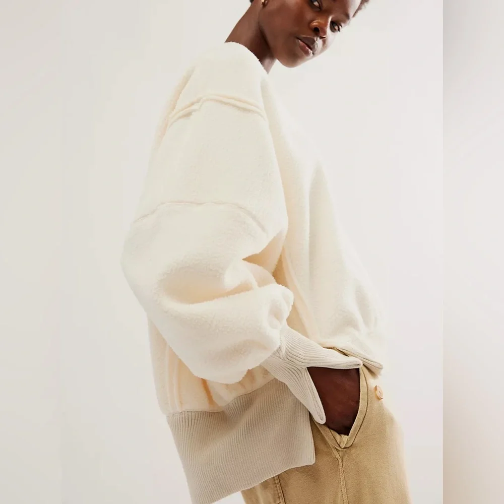 Free People Cozy Camden Cream white fuzzy sherpa sweater NWT - Picture 2 of 5